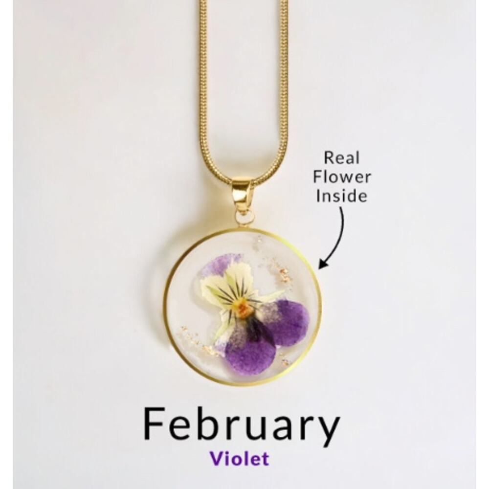 Mint & Lilly Pressed Birth Flower Necklace*February*Violet*gold